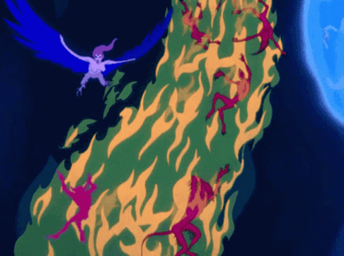 a cartoon drawing of a woman flying over a group of devils