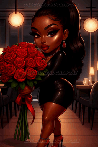 A Cartoon Drawing Of A Woman Holding A Bouquet Of Red Roses GIF