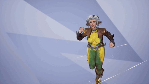 A Cartoon Drawing Of A Woman In A Brown Jacket And Green And Yellow Outfit GIF