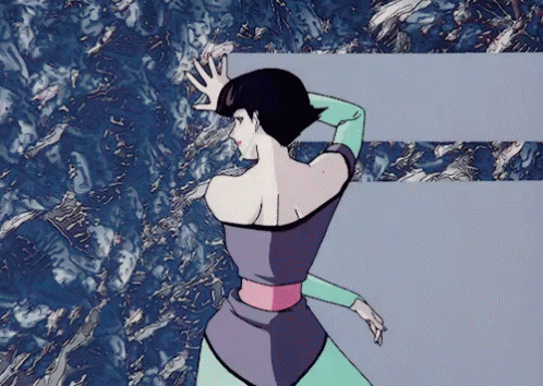 A Cartoon Drawing Of A Woman In A Purple And Green Dress GIF