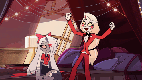 A Cartoon Drawing Of A Woman In A Red Suit And Bow Tie GIF