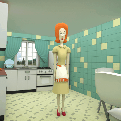A Cartoon Drawing Of A Woman In A Yellow Dress And Apron GIF