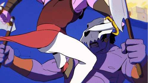 A Cartoon Drawing Of A Woman Kicking A Monster With An Axe GIF