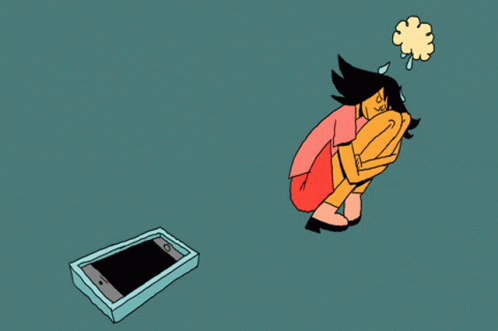 A Cartoon Drawing Of A Woman Kneeling Next To A Cell Phone GIF