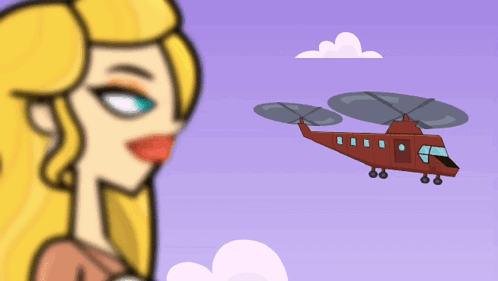 A Cartoon Drawing Of A Woman Looking At A Red Helicopter GIF