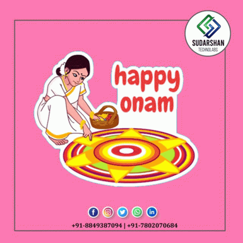a cartoon drawing of a woman making a circle with the words happy onam above her