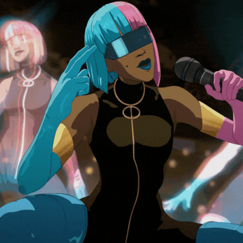 A Cartoon Drawing Of A Woman Singing Into A Microphone With A Circle Around Her Neck GIF