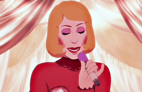 A Cartoon Drawing Of A Woman Singing Into A Purple Microphone GIF