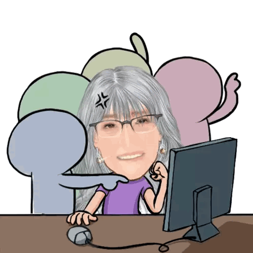 a cartoon drawing of a woman sitting in front of a computer
