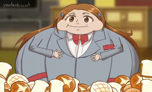 A Cartoon Drawing Of A Woman Surrounded By Bread With Vanillaxbiscuit Written In The Corner GIF