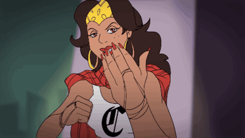 A Cartoon Drawing Of A Woman With A Letter C On Her Chest GIF