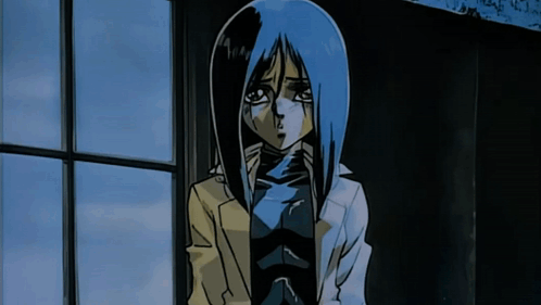 A Cartoon Drawing Of A Woman With Blue Hair GIF