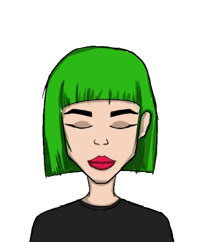 a cartoon drawing of a woman with green hair and red lips