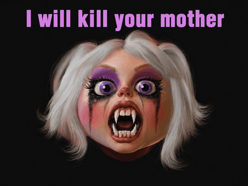 A Cartoon Drawing Of A Woman With Purple Eyes And White Hair With The Words " I Will Kill Your Mother " On The Bottom GIF