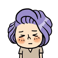 a cartoon drawing of a woman with purple hair and a sad look on her face