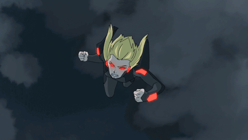 A Cartoon Drawing Of A Woman With Red Eyes And A Fist In The Air GIF
