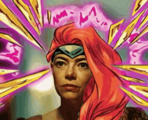 a cartoon drawing of a woman with red hair and a headband that says " i am "