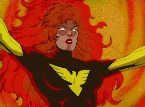 A Cartoon Drawing Of A Woman With Red Hair And A Phoenix Logo On Her Chest GIF