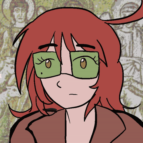 A Cartoon Drawing Of A Woman With Red Hair And Green Glasses GIF