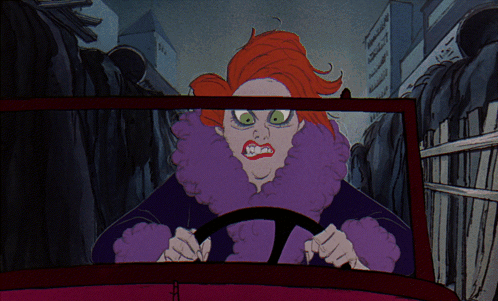 A Cartoon Drawing Of A Woman With Red Hair Driving A Red Car GIF