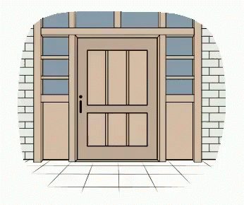 A Cartoon Drawing Of A Wooden Door With A Brick Wall And A Tiled Floor . GIF