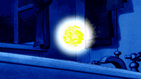 A Cartoon Drawing Of A Yellow Object In A Dark Room GIF