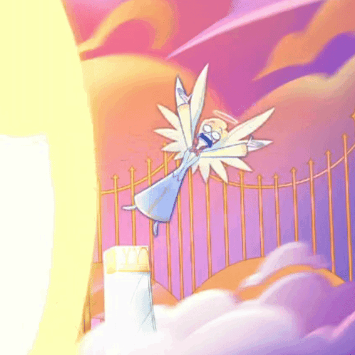 A Cartoon Drawing Of An Angel With A Halo On Her Head GIF