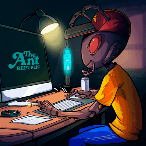 A Cartoon Drawing Of An Ant Sitting In Front Of A Computer With The Ant Republic Written On The Screen GIF