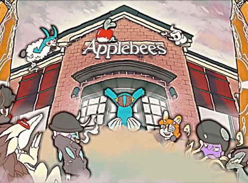A Cartoon Drawing Of An Applebee 'S Restaurant With A Bunch Of Characters GIF