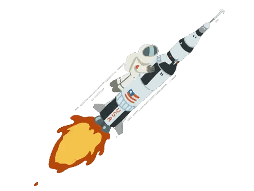 a cartoon drawing of an astronaut flying on a rocket that says duc on it