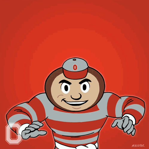 A Cartoon Drawing Of An Ohio State Buckeyes Mascot With The Letter O On His Chest GIF