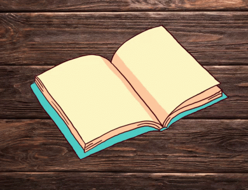 A Cartoon Drawing Of An Open Book On A Wooden Surface GIF