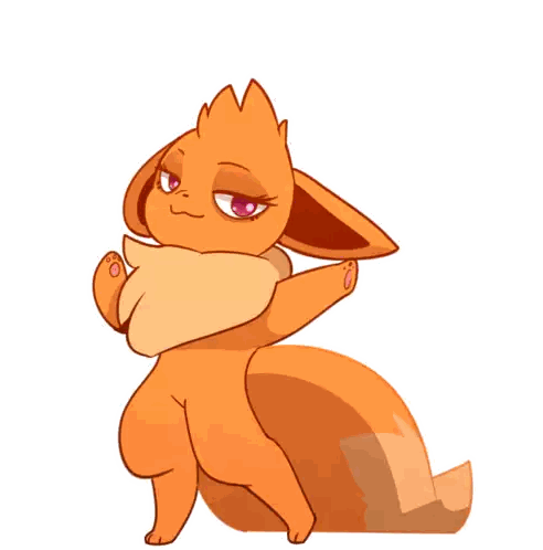 a cartoon drawing of an orange fox with a pink eye