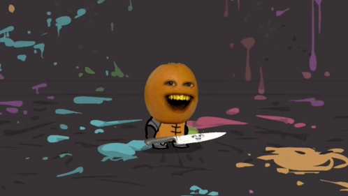A Cartoon Drawing Of An Orange Holding A Knife And A Sword GIF
