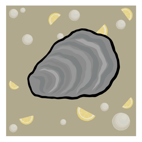 A Cartoon Drawing Of An Oyster With Lemon Slices And Pearls Around It GIF