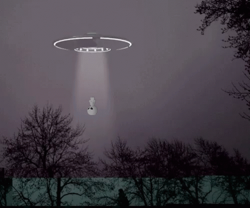 A Cartoon Drawing Of An Ufo Flying Over A Forest GIF