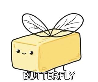 a cartoon drawing of butter with wings and the word butterfly