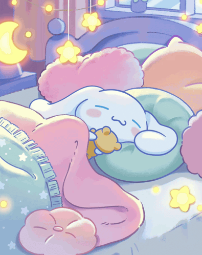 A Cartoon Drawing Of Cinnamoroll Sleeping In A Bed GIF
