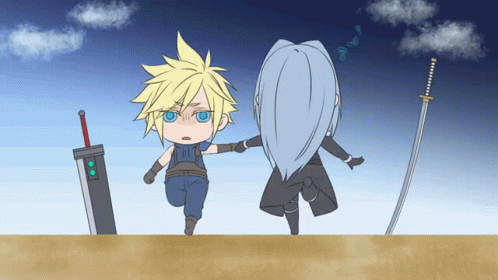 A Cartoon Drawing Of Cloud Strife And Sephiroth With Swords GIF