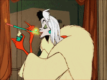 A Cartoon Drawing Of Cruella De Vil Holding A Lighter GIF