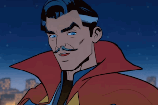 A Cartoon Drawing Of Doctor Strange With A Red Cape And Blue Eyes GIF