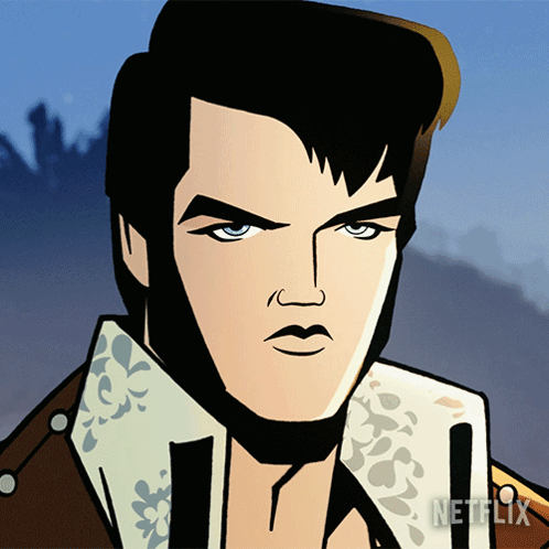 A Cartoon Drawing Of Elvis Presley With A Netflix Logo Behind Him GIF