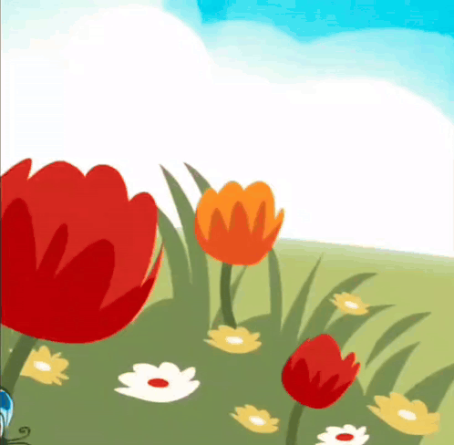 A Cartoon Drawing Of Flowers With A Blue Butterfly In The Foreground GIF