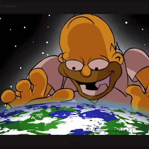a cartoon drawing of homer simpson reaching out towards the earth