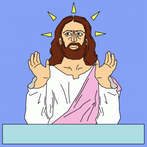 A Cartoon Drawing Of Jesus With The Word Jesus Above His Head GIF