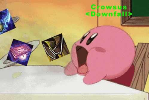 a cartoon drawing of kirby with the words crowsus downfall written above him
