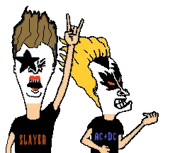 a cartoon drawing of kiss and beavis from beavis and butthead wearing ac dc shirts
