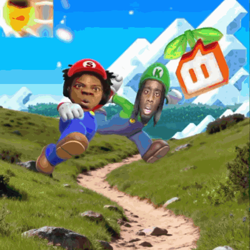 A Cartoon Drawing Of Mario And Luigi With The Letter R On Their Hats GIF