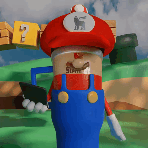 A Cartoon Drawing Of Mario Holding A Phone And A Cup Of Stanley Coffee GIF