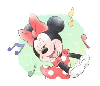 a cartoon drawing of minnie mouse with music notes around her